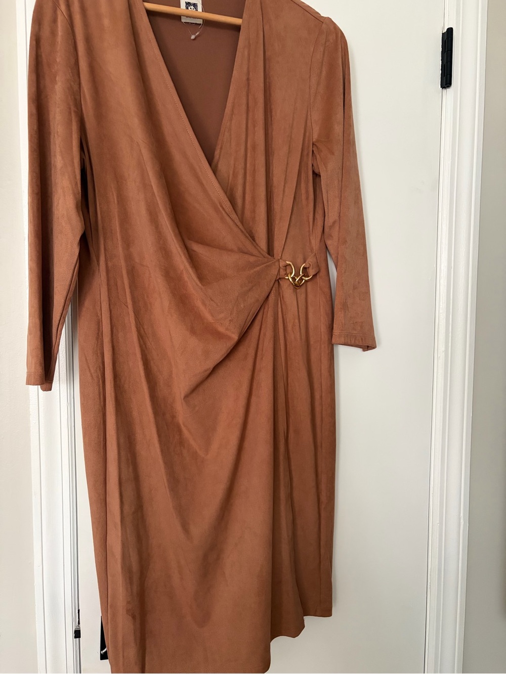 Anne Klein Tan Faux Suede Faux Wrap Midi Dress with Gold Detailing - Picture 6 of 6